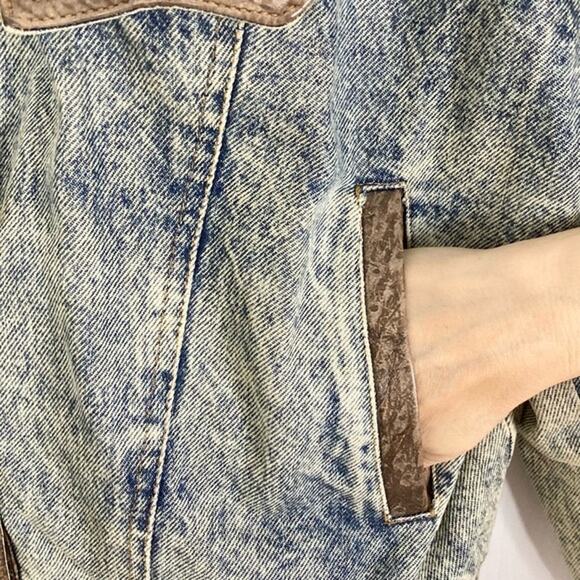 PREZZIA JEANS Jacket Women M Vintage Leather Patch Acid Wash Denim Adjust-Belt - Picture 8 of 16